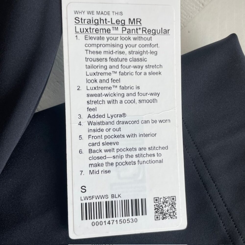 LULULEMON STRAIGHT LEG MID RISE LUXTREME PANT *REGULAR BLACK SIZE SMALL NWT - Picture 5 of 11